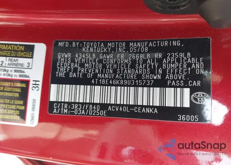 2009 Toyota Camry Le из США, поврежденный, VIN 4T1BE46K89U315737